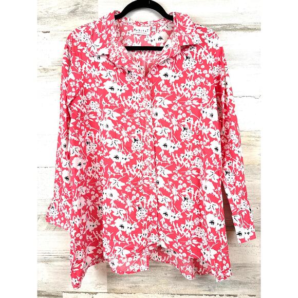Habitat Tops - Habitat Womens S Pink White Floral Cotton Button Down Shirt 3/4 Sleeve